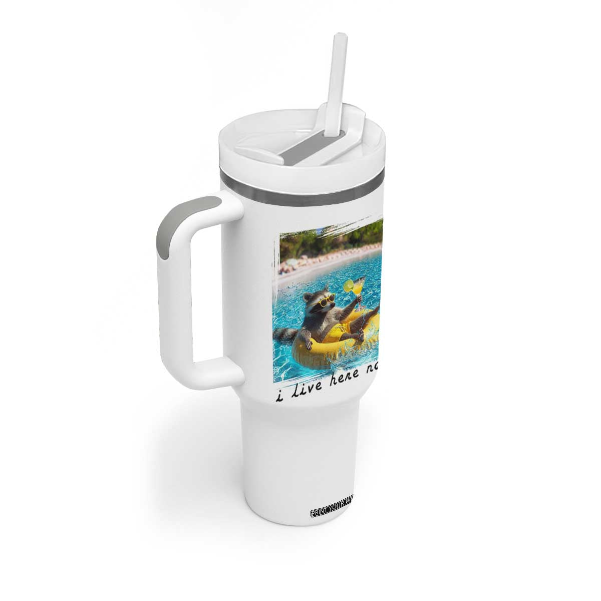 I Live Here Now Raccoon Tumbler With Handle Funny Summer Vacation Meme TS14 Print Your Wear