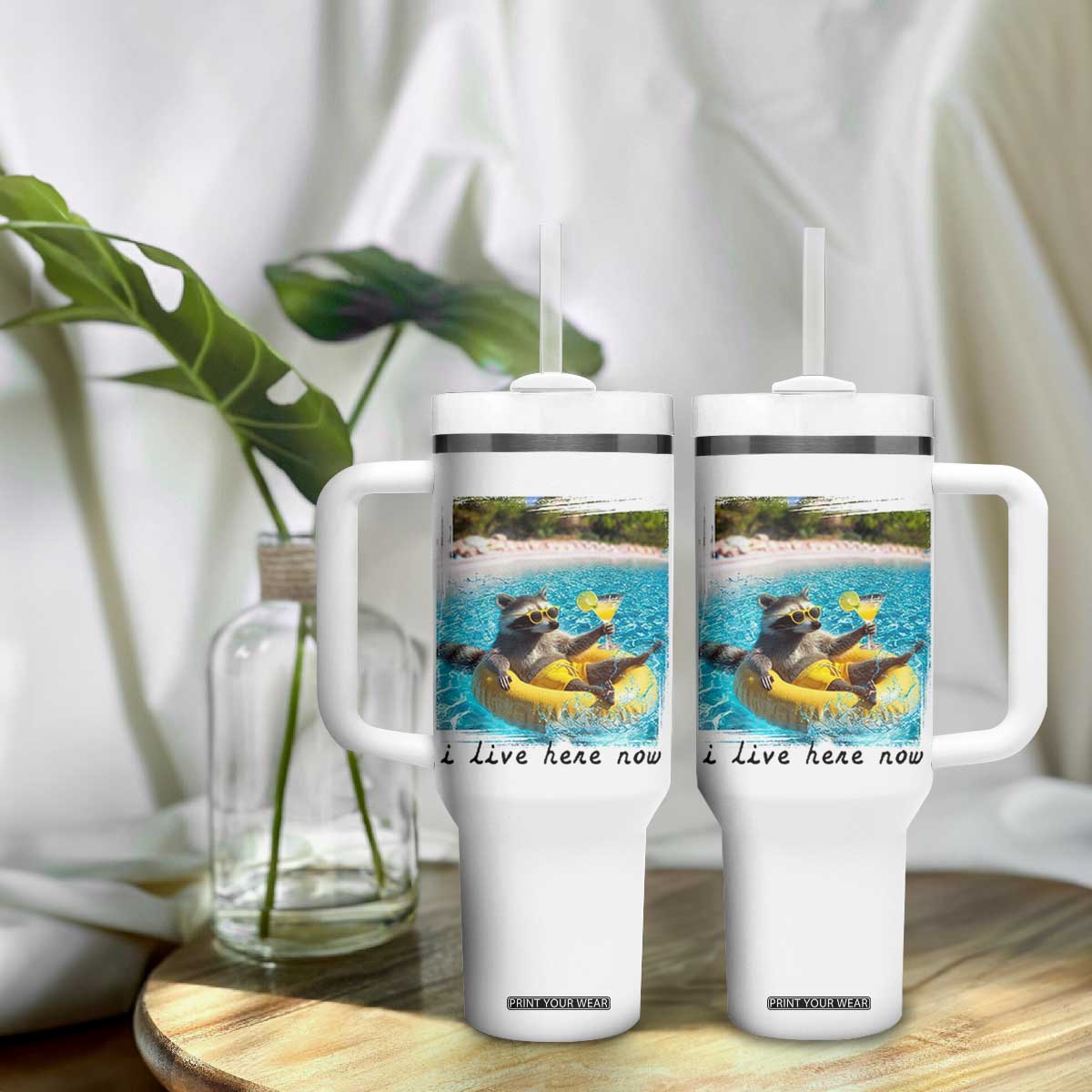 I Live Here Now Raccoon Tumbler With Handle Funny Summer Vacation Meme TS14 Print Your Wear