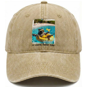 I Live Here Now Raccoon Washed Cotton Baseball Cap Funny Summer Vacation Meme TS14 Print Your Wear