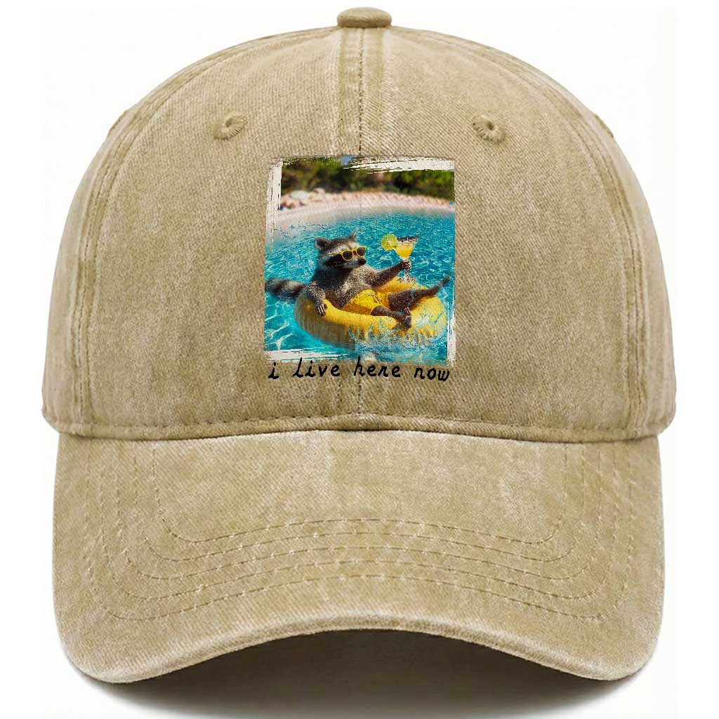 I Live Here Now Raccoon Washed Cotton Baseball Cap Funny Summer Vacation Meme TS14 Print Your Wear