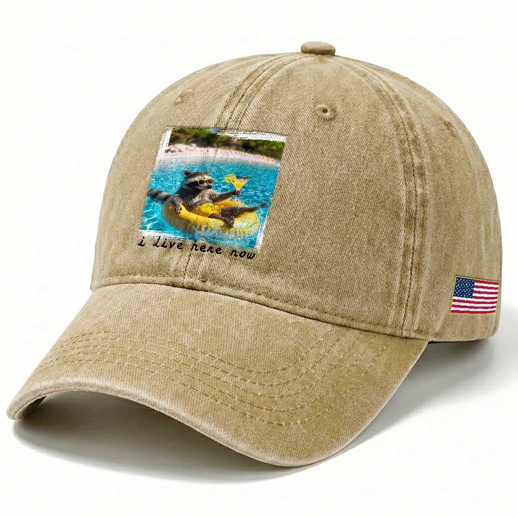 I Live Here Now Raccoon Washed Cotton Baseball Cap Funny Summer Vacation Meme TS14 Print Your Wear