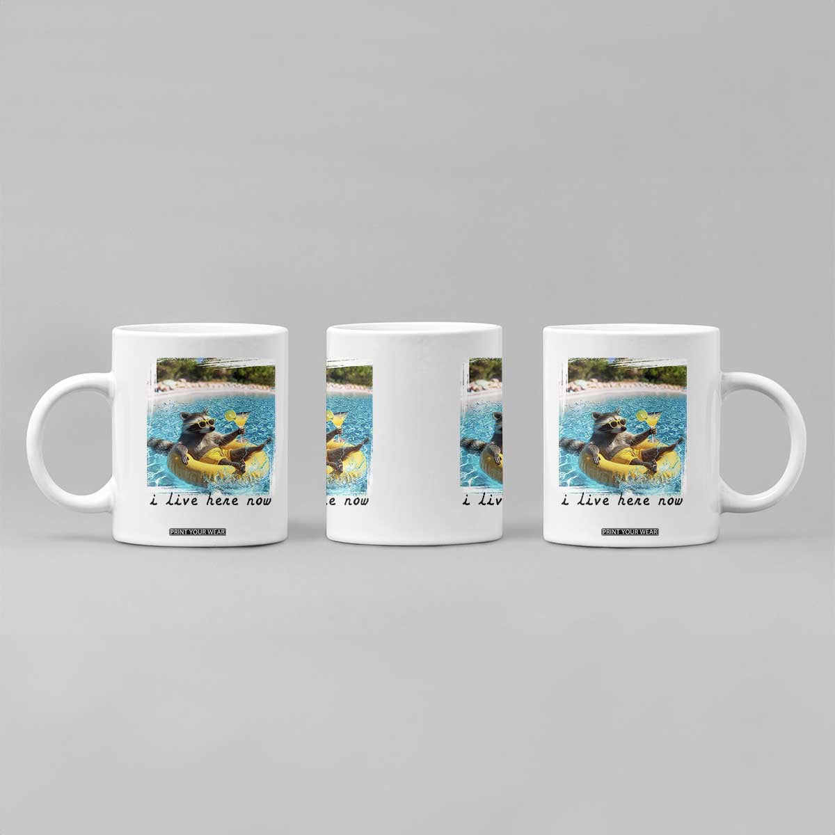 I Live Here Now Raccoon Coffee Mug Funny Summer Vacation Meme TS14 Print Your Wear