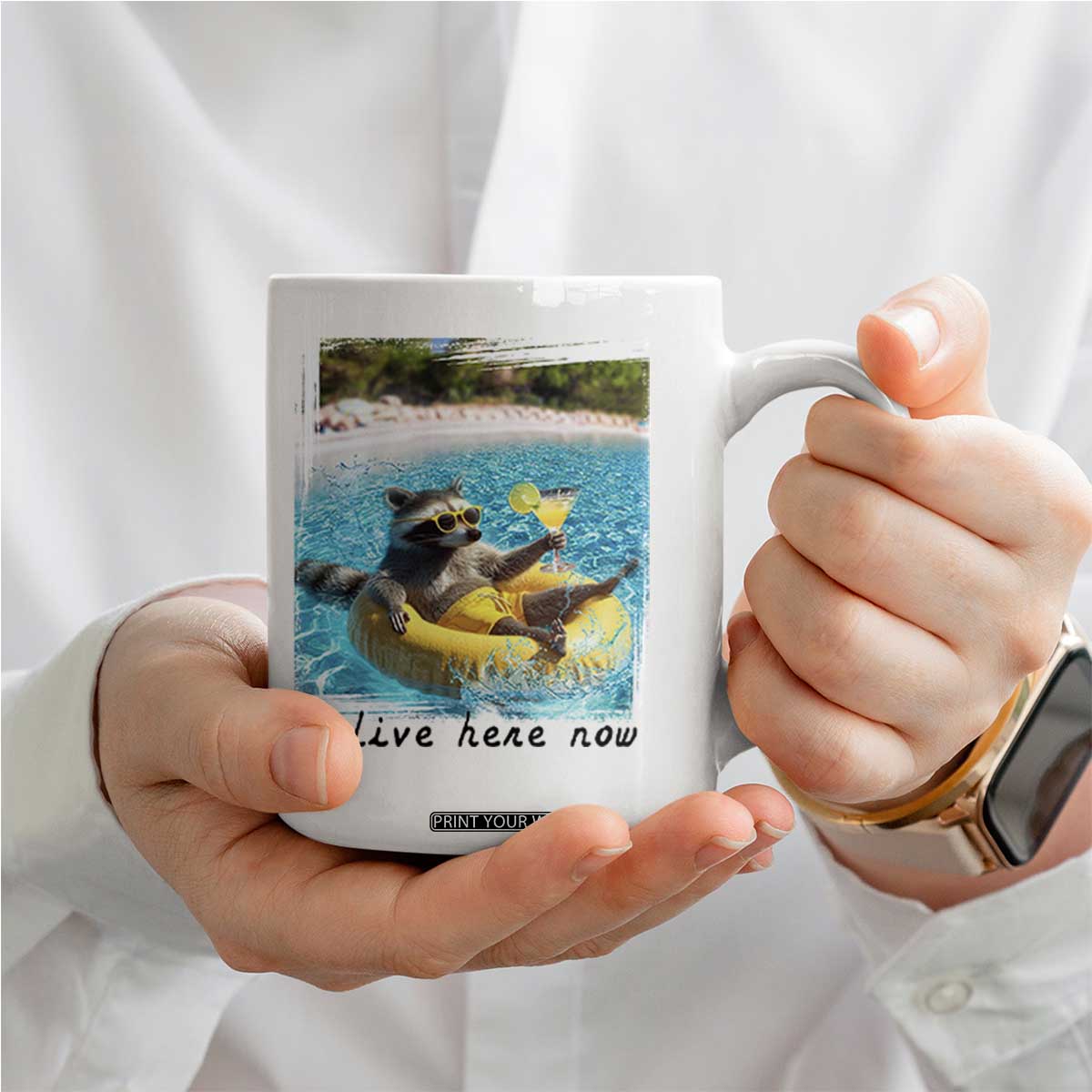 I Live Here Now Raccoon Coffee Mug Funny Summer Vacation Meme TS14 Print Your Wear