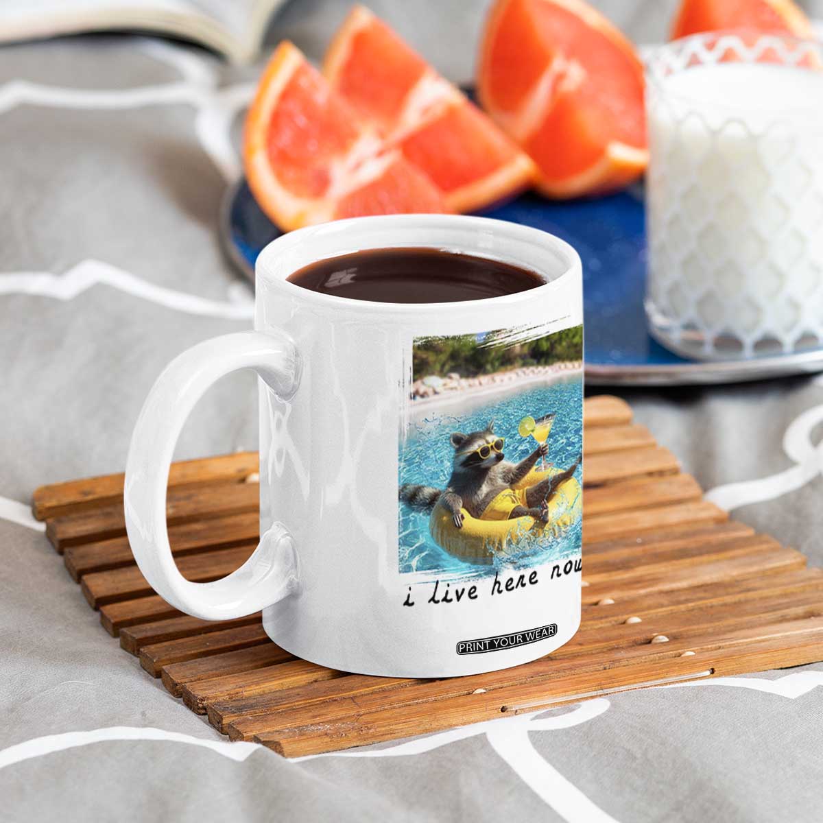 I Live Here Now Raccoon Coffee Mug Funny Summer Vacation Meme TS14 Print Your Wear