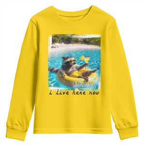 I Live Here Now Raccoon Youth Sweatshirt Funny Summer Vacation Meme TS14 Daisy Print Your Wear