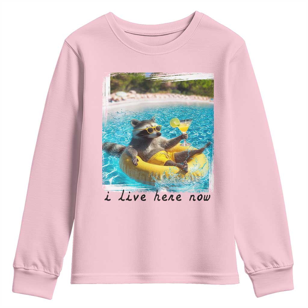 I Live Here Now Raccoon Youth Sweatshirt Funny Summer Vacation Meme TS14 Light Pink Print Your Wear