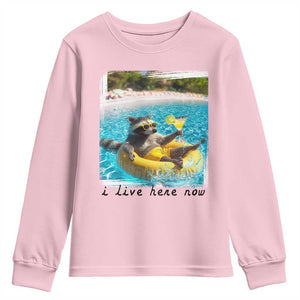 I Live Here Now Raccoon Youth Sweatshirt Funny Summer Vacation Meme TS14 Light Pink Print Your Wear