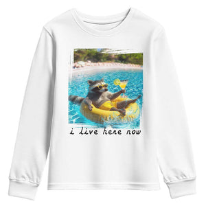 I Live Here Now Raccoon Youth Sweatshirt Funny Summer Vacation Meme TS14 White Print Your Wear