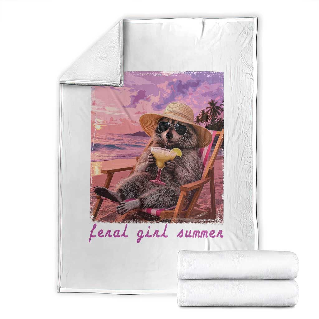 Feral Girl Summer Throw Blanket Funny Raccoon Summer Beach Meme TS14 White Print Your Wear