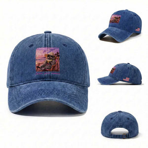 Feral Girl Summer Washed Cotton Baseball Cap Funny Raccoon Summer Beach Meme TS14 Washed Cap Universal Fit Royal Blue Print Your Wear
