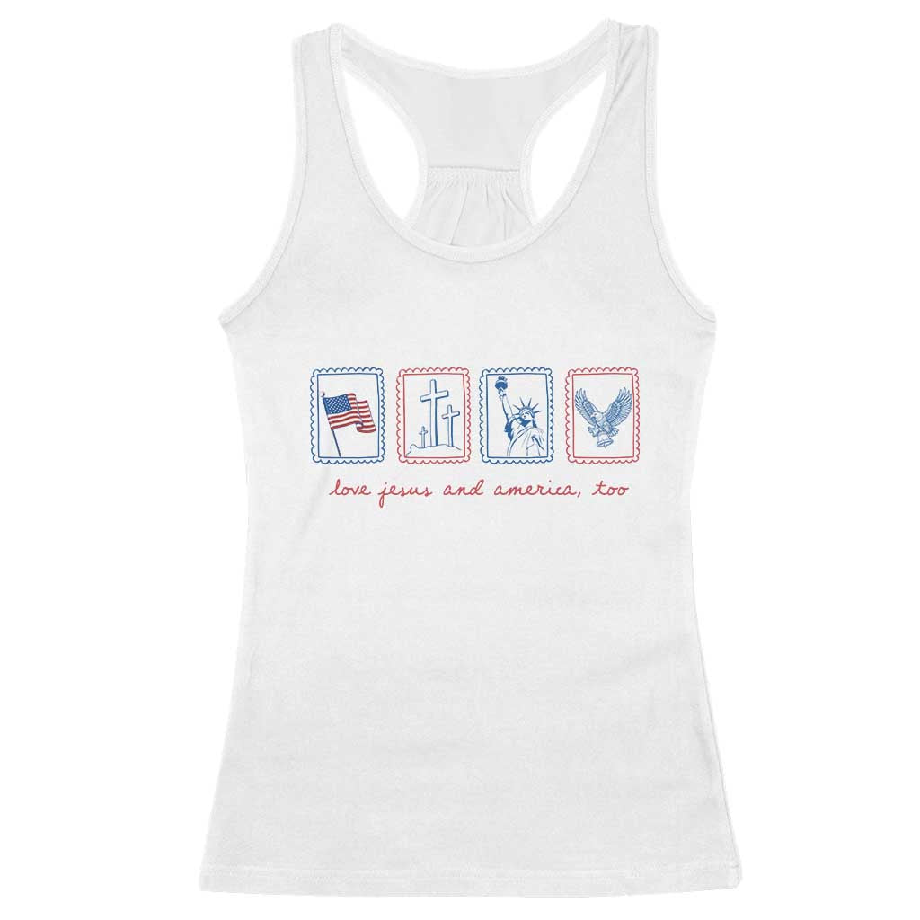 Loves Jesus and America Too Racerback Tank Top 4th of July Christian TS14 White Print Your Wear