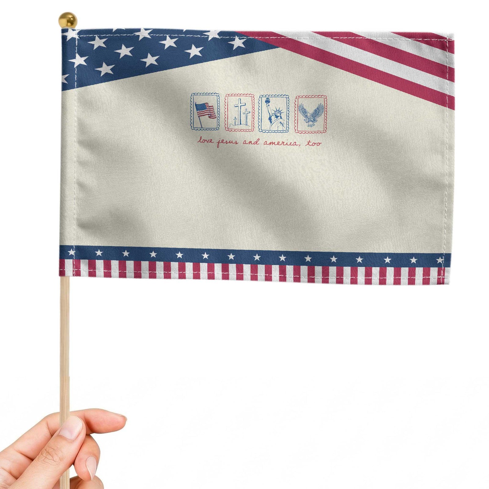 Loves Jesus and America Too Patriotic Handheld Flag 4th of July Christian TS14 Modern 8.2