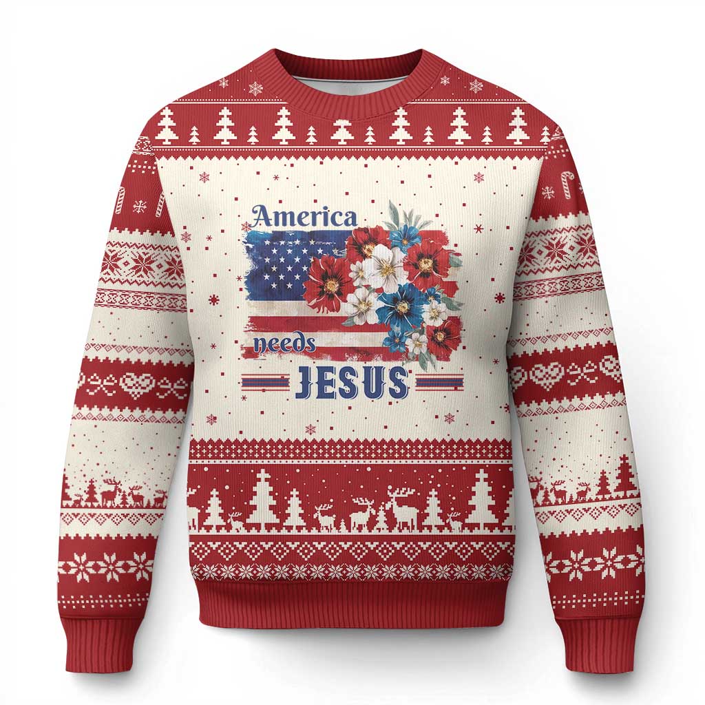 America Needs Jesus Ugly Christmas Sweater Christian Floral US Flag 4th of July TS14 Beige Red Print Your Wear