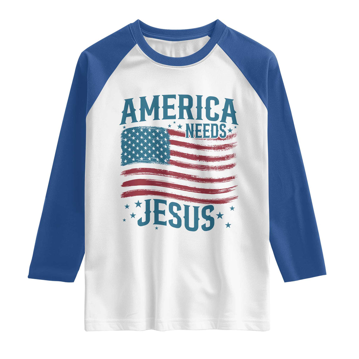 America Needs Jesus Raglan Shirt 4th of July Christian TS14 White Royal Print Your Wear
