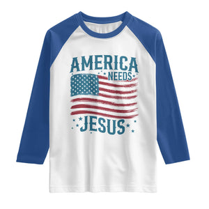 America Needs Jesus Raglan Shirt 4th of July Christian TS14 White Royal Print Your Wear