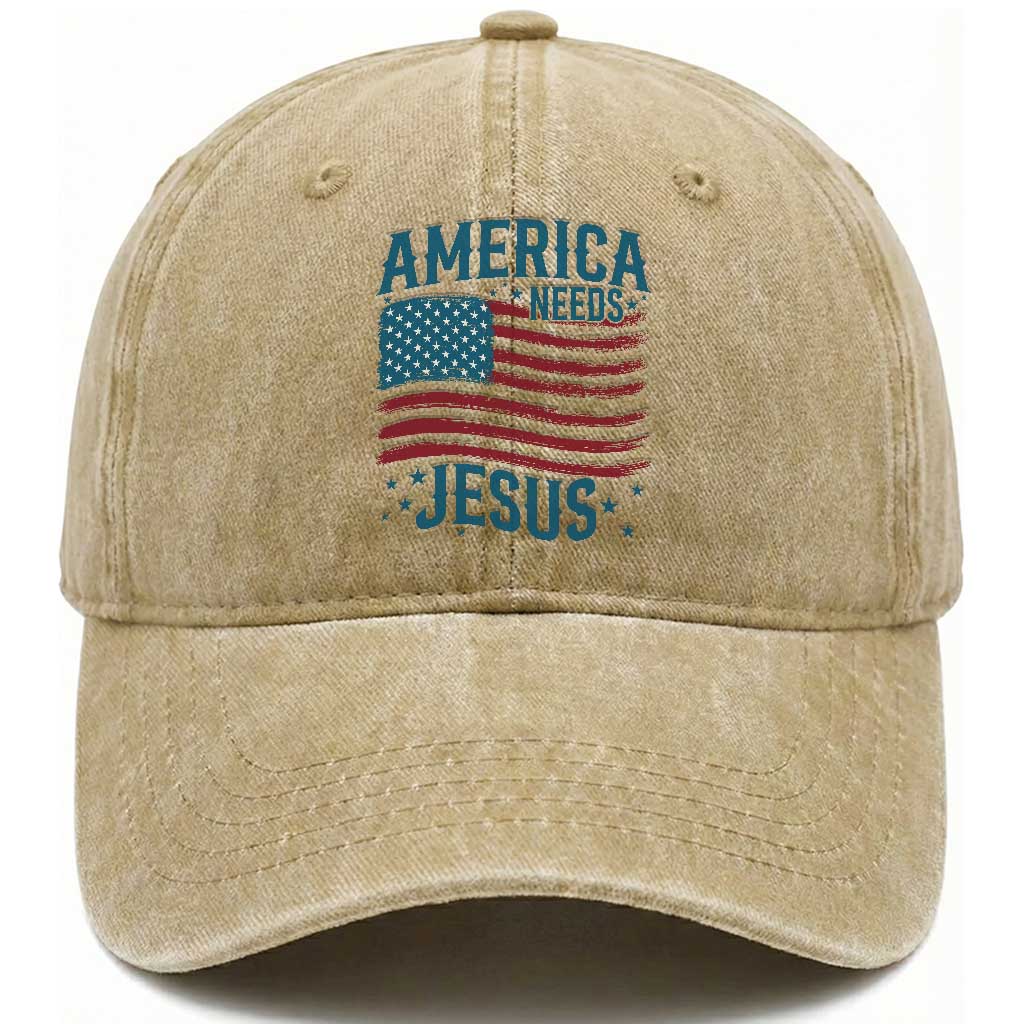 America Needs Jesus Washed Cotton Baseball Cap 4th of July Christian TS14 Print Your Wear
