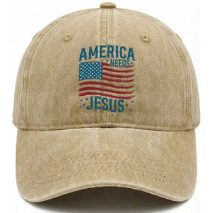 America Needs Jesus Washed Cotton Baseball Cap 4th of July Christian TS14 Print Your Wear