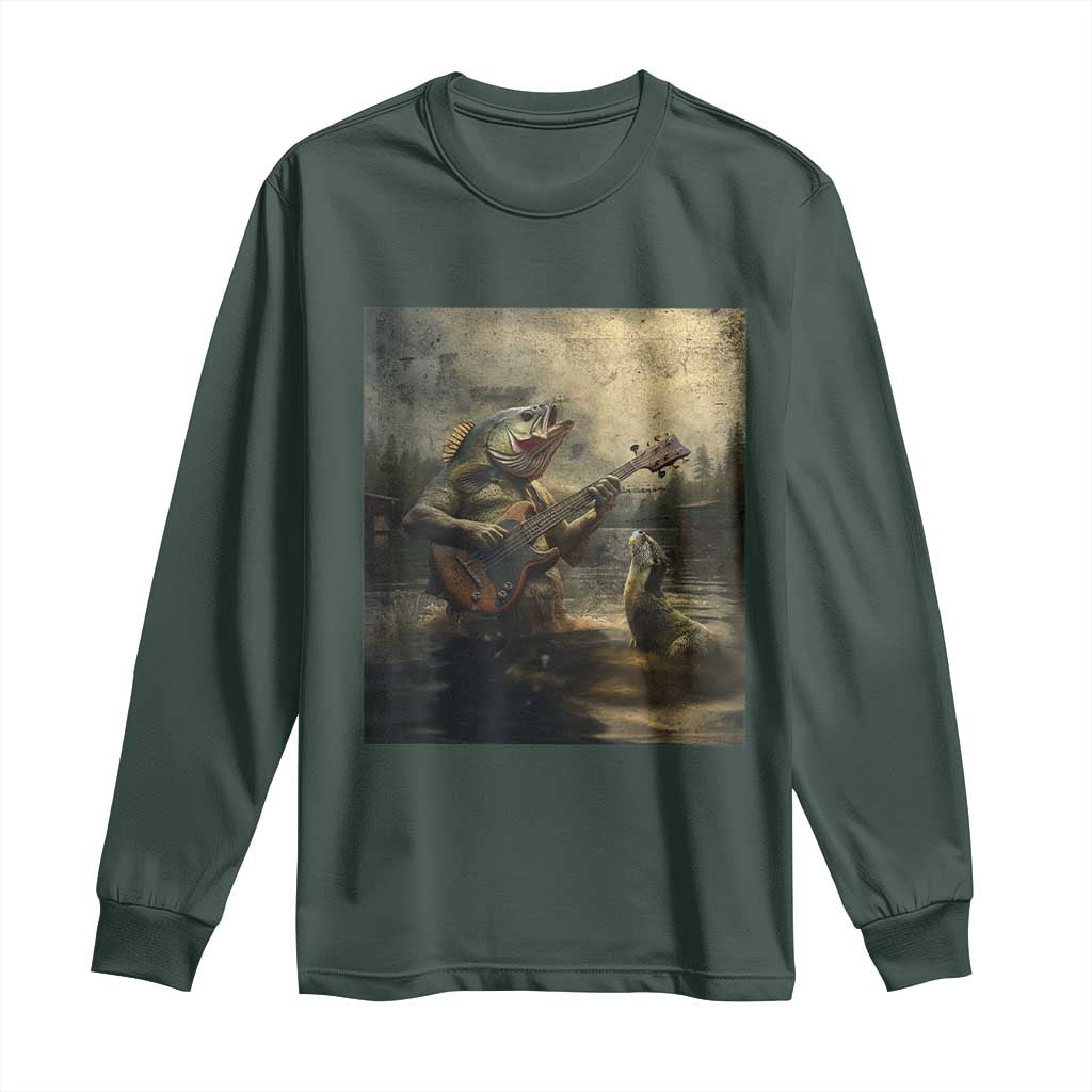 Weird Bass Fish Playing Bass Guitar Long Sleeve Shirt Funny Cursed Meme TS14 Dark Forest Green Print Your Wear