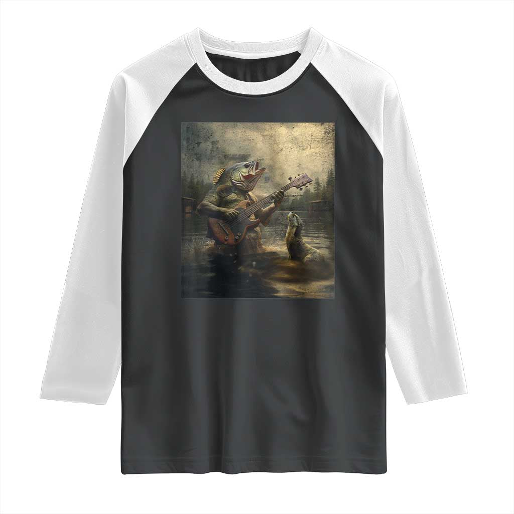 Weird Bass Fish Playing Bass Guitar Raglan Shirt Funny Cursed Meme TS14 Black White Print Your Wear