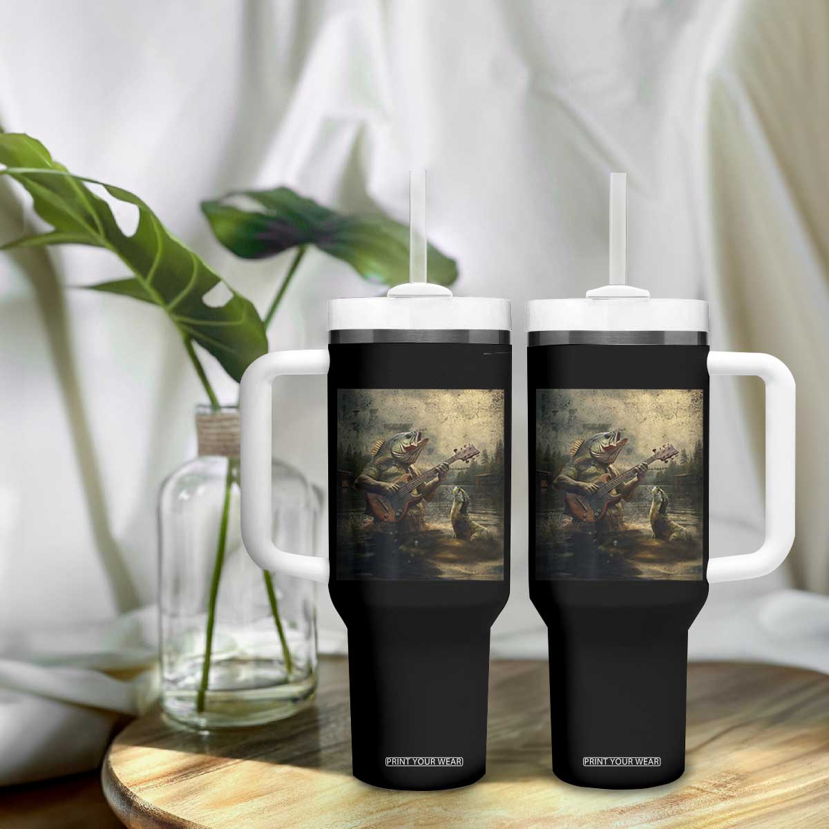 Weird Bass Fish Playing Bass Guitar Tumbler With Handle Funny Cursed Meme TS14 Print Your Wear
