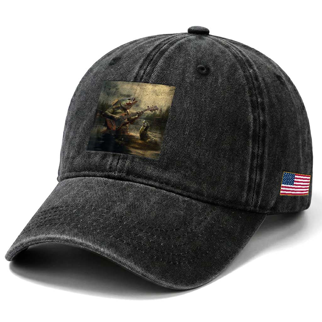 Weird Bass Fish Playing Bass Guitar Washed Cotton Baseball Cap Funny Cursed Meme TS14 Print Your Wear