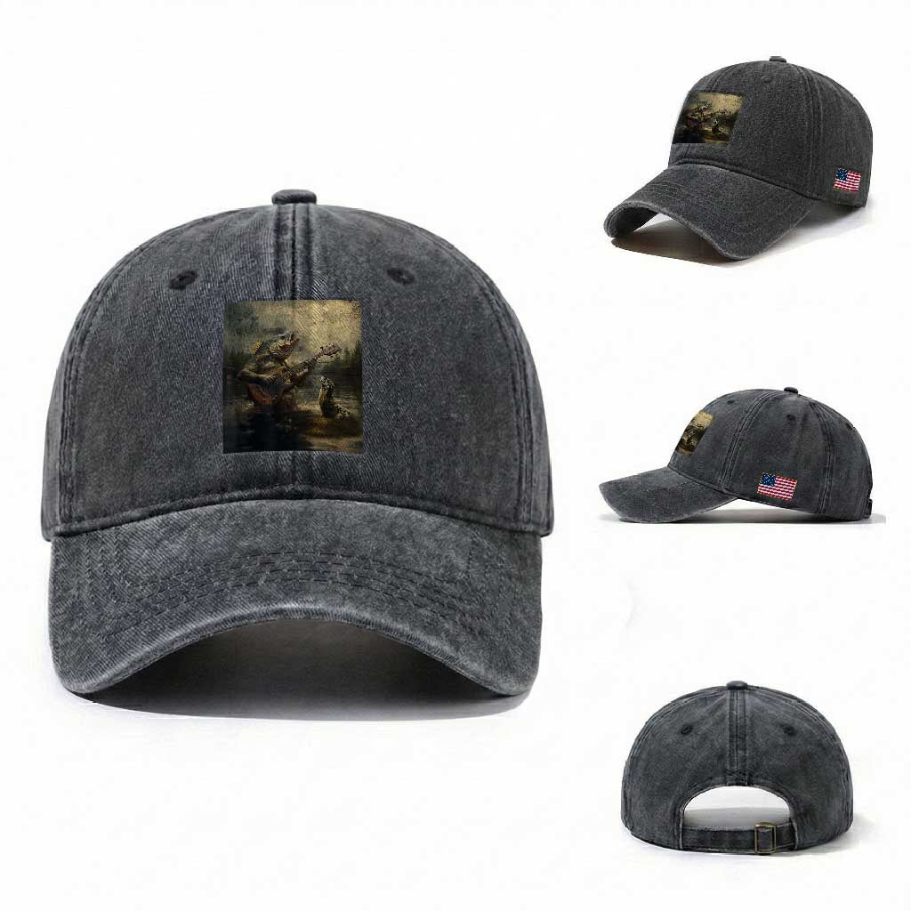Weird Bass Fish Playing Bass Guitar Washed Cotton Baseball Cap Funny Cursed Meme TS14 Washed Cap Universal Fit Dark Gray Print Your Wear