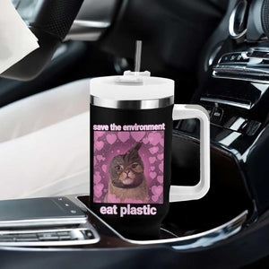 Save The Environment Eat Plastic Tumbler With Handle Funny Cute Cat Meme TS14 Print Your Wear