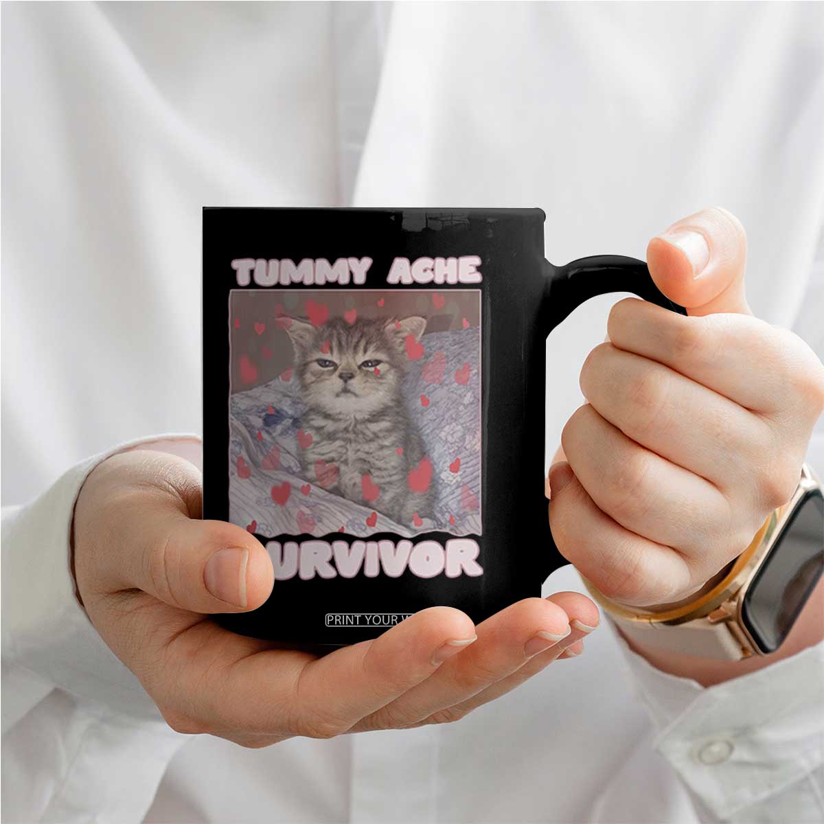Tummy Ache Survivor Coffee Mug Funny Cute Cat Meme TS14 Print Your Wear