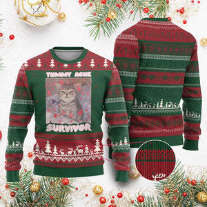 Tummy Ache Survivor Ugly Christmas Sweater Funny Cute Cat Meme TS14 Red Green Print Your Wear
