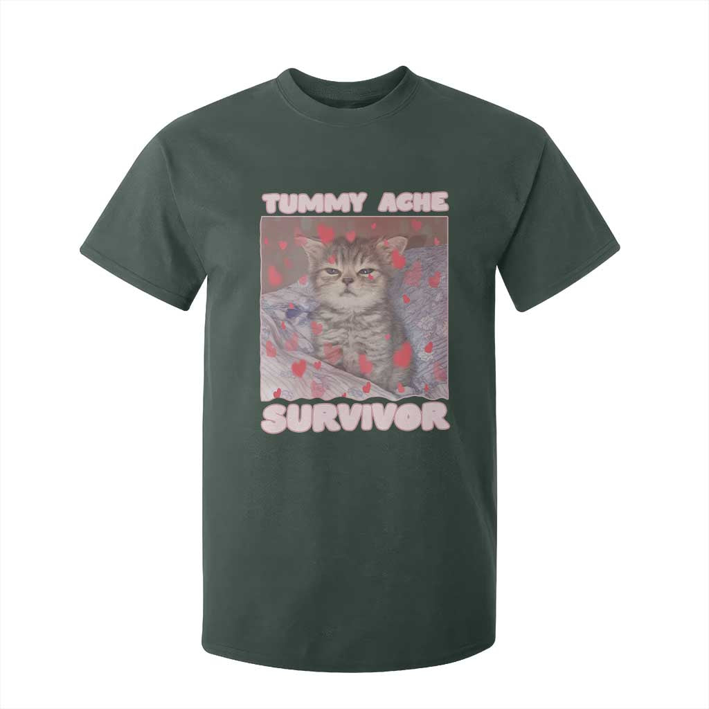 Tummy Ache Survivor T Shirt For Kid Funny Cute Cat Meme TS14 Dark Forest Green Print Your Wear