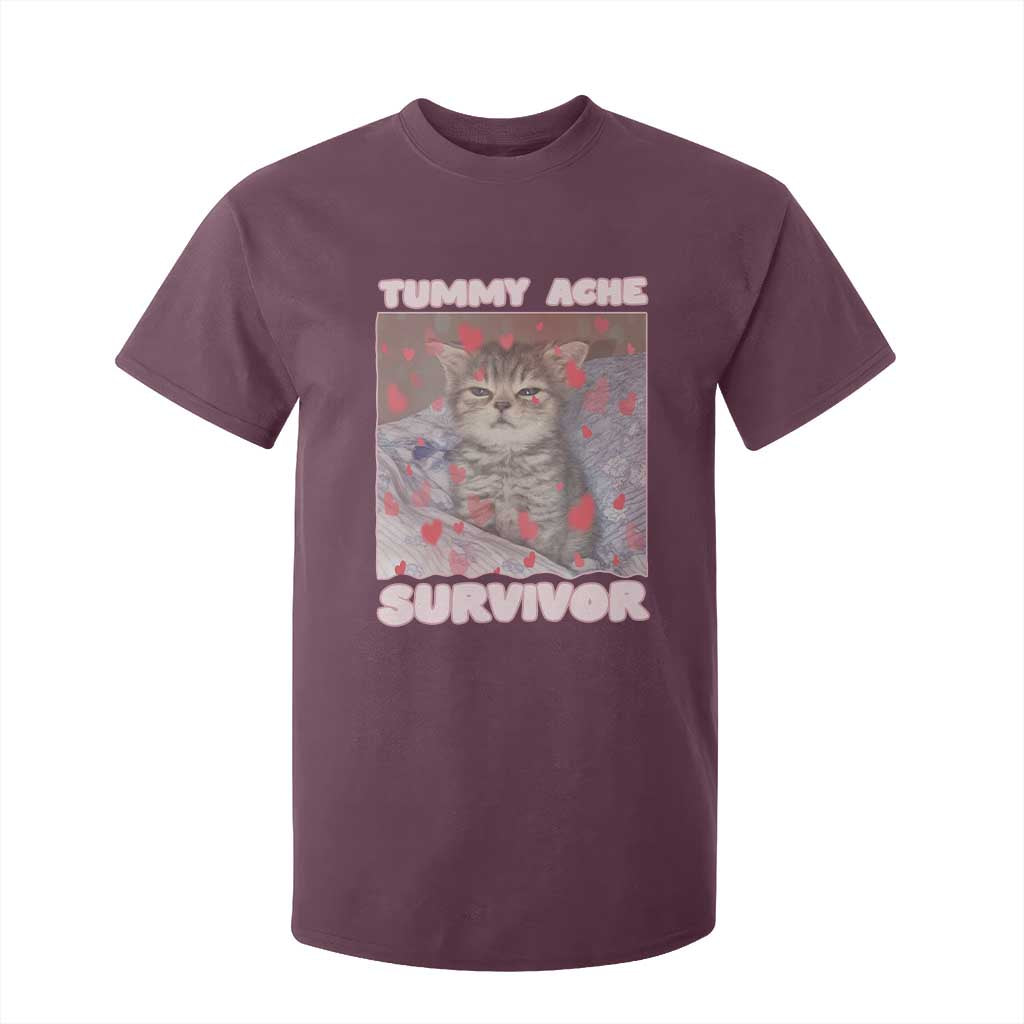 Tummy Ache Survivor T Shirt For Kid Funny Cute Cat Meme TS14 Maroon Print Your Wear