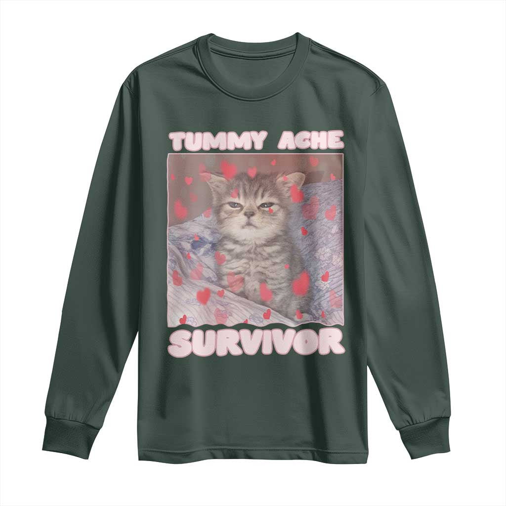 Tummy Ache Survivor Long Sleeve Shirt Funny Cute Cat Meme TS14 Dark Forest Green Print Your Wear