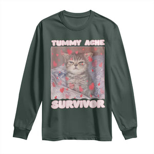 Tummy Ache Survivor Long Sleeve Shirt Funny Cute Cat Meme TS14 Dark Forest Green Print Your Wear