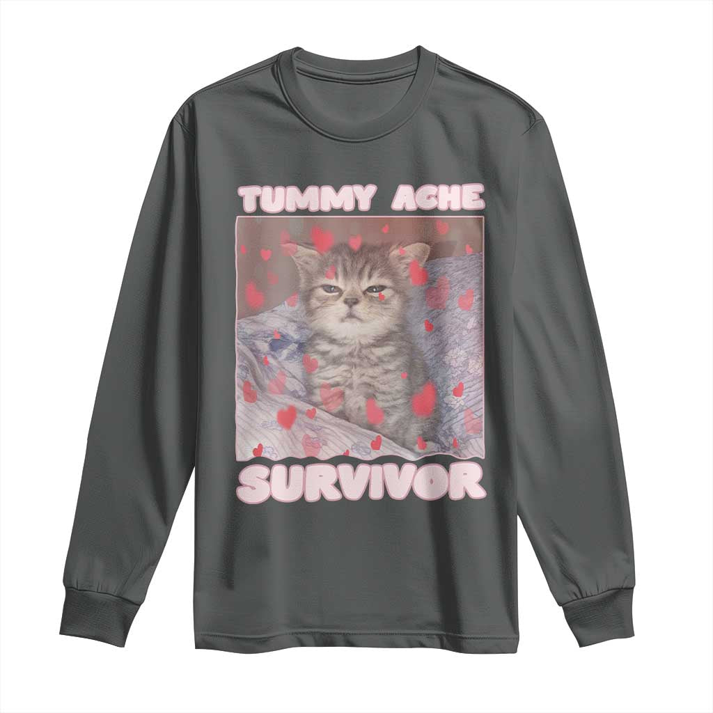 Tummy Ache Survivor Long Sleeve Shirt Funny Cute Cat Meme TS14 Dark Heather Print Your Wear