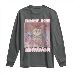 Tummy Ache Survivor Long Sleeve Shirt Funny Cute Cat Meme TS14 Dark Heather Print Your Wear