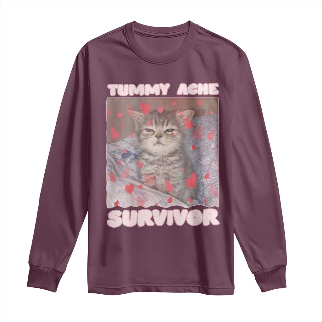 Tummy Ache Survivor Long Sleeve Shirt Funny Cute Cat Meme TS14 Maroon Print Your Wear