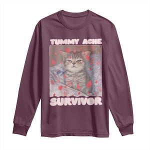 Tummy Ache Survivor Long Sleeve Shirt Funny Cute Cat Meme TS14 Maroon Print Your Wear