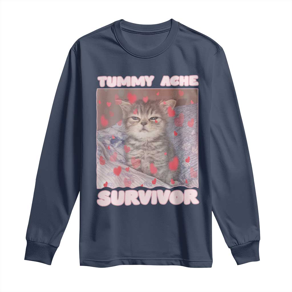 Tummy Ache Survivor Long Sleeve Shirt Funny Cute Cat Meme TS14 Navy Print Your Wear