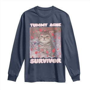 Tummy Ache Survivor Long Sleeve Shirt Funny Cute Cat Meme TS14 Navy Print Your Wear