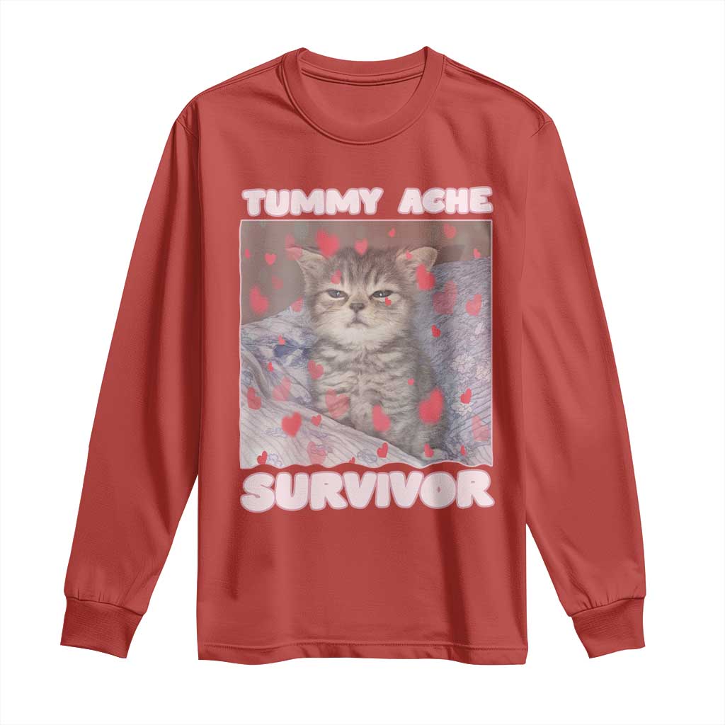 Tummy Ache Survivor Long Sleeve Shirt Funny Cute Cat Meme TS14 Red Print Your Wear