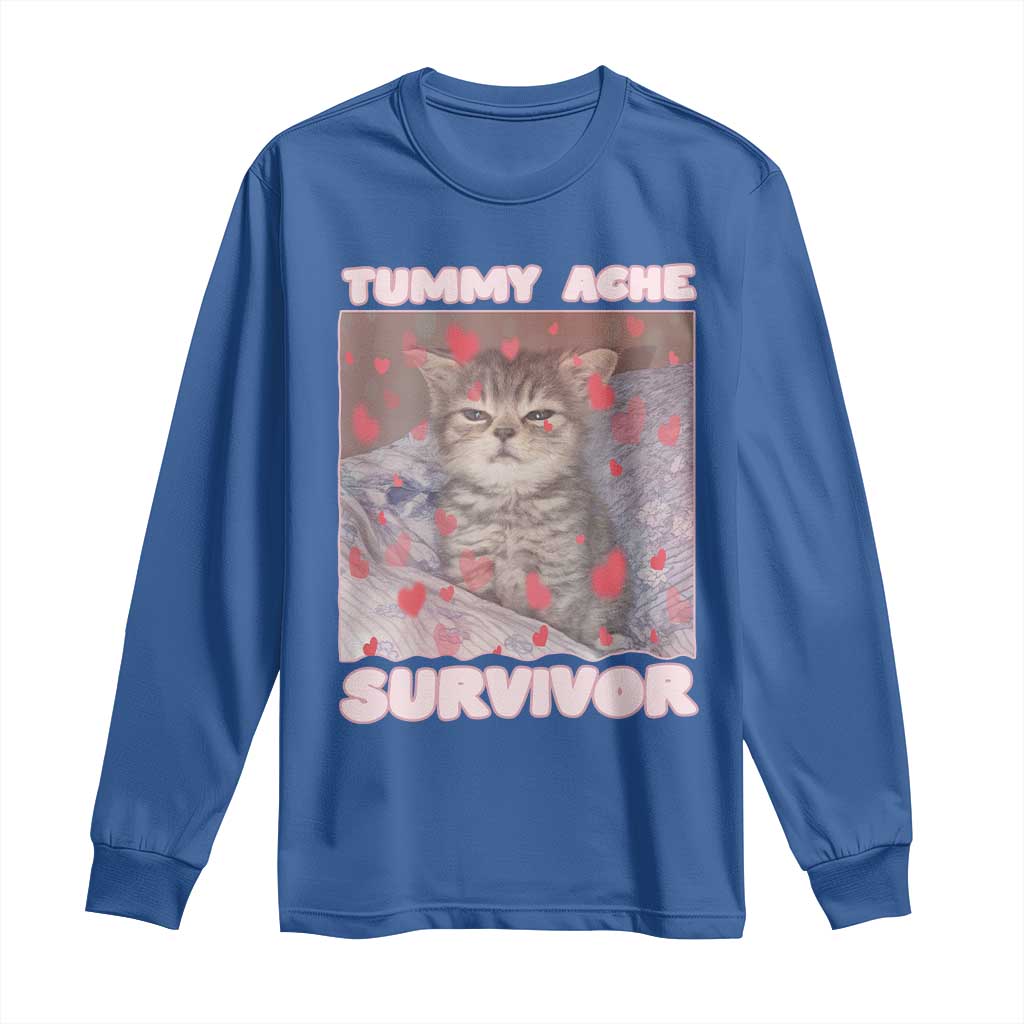 Tummy Ache Survivor Long Sleeve Shirt Funny Cute Cat Meme TS14 Royal Blue Print Your Wear