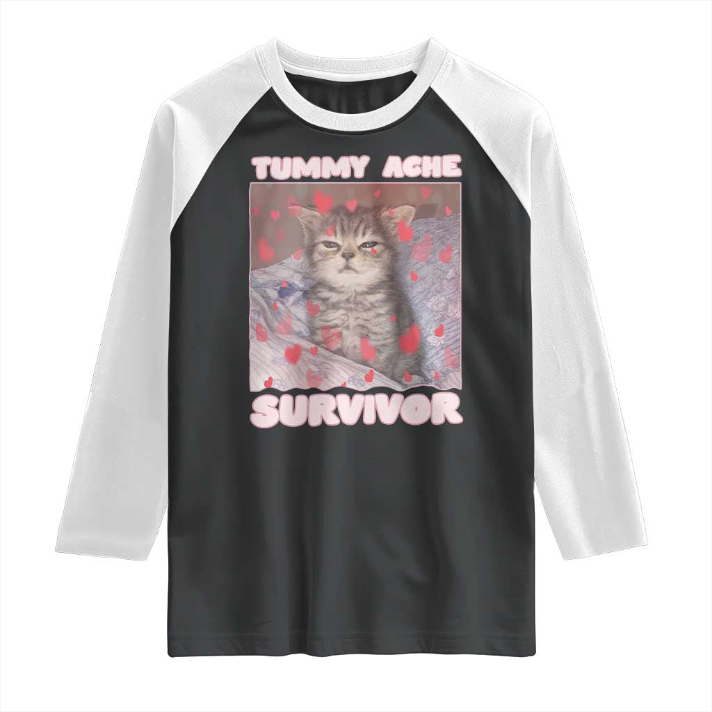 Tummy Ache Survivor Raglan Shirt Funny Cute Cat Meme TS14 Black White Print Your Wear