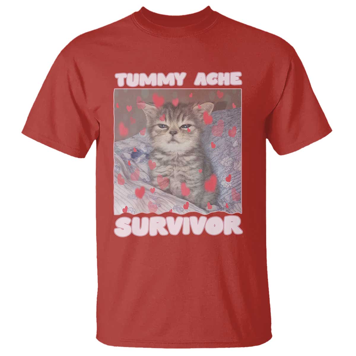 Tummy Ache Survivor T Shirt Funny Cute Cat Meme TS14 Red Print Your Wear