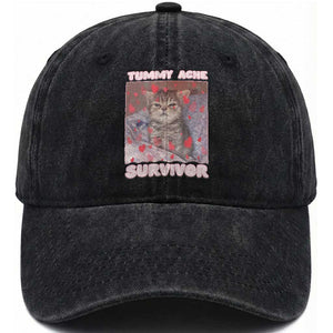 Tummy Ache Survivor Washed Cotton Baseball Cap Funny Cute Cat Meme TS14 Washed Cap Universal Fit Black Print Your Wear
