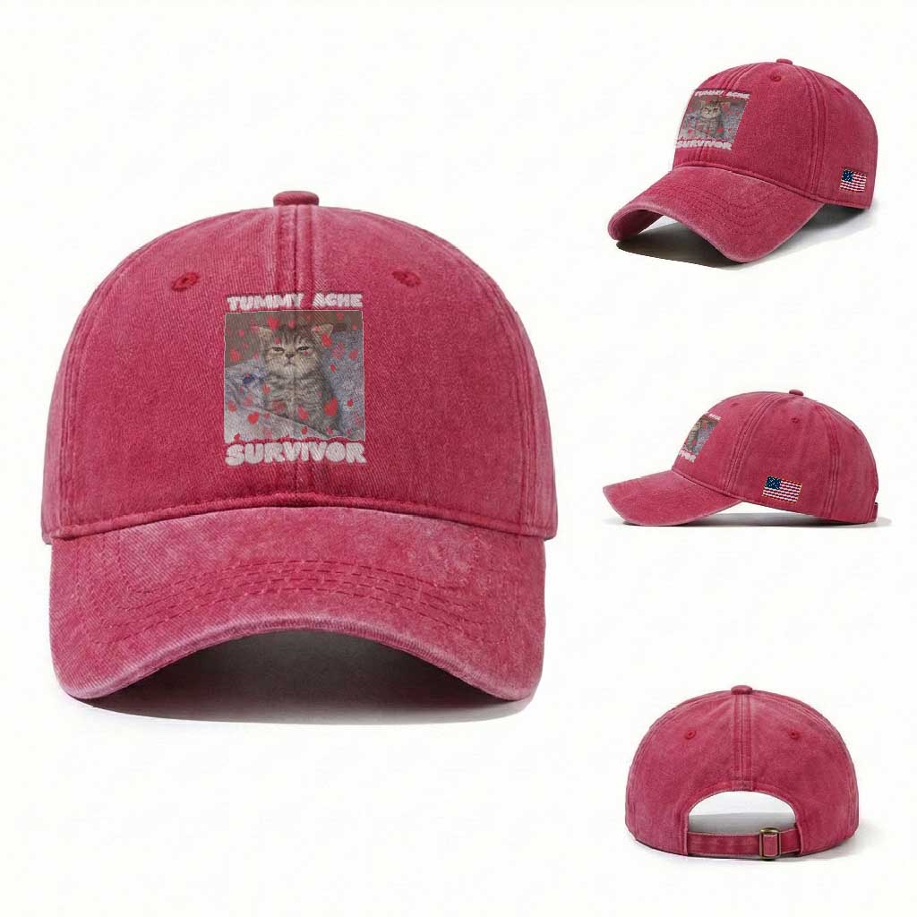 Tummy Ache Survivor Washed Cotton Baseball Cap Funny Cute Cat Meme TS14 Washed Cap Universal Fit Red Print Your Wear