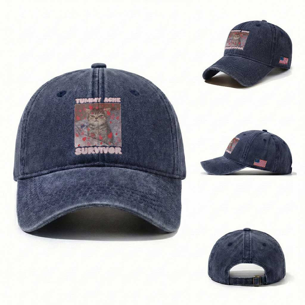 Tummy Ache Survivor Washed Cotton Baseball Cap Funny Cute Cat Meme TS14 Washed Cap Universal Fit Navy Print Your Wear