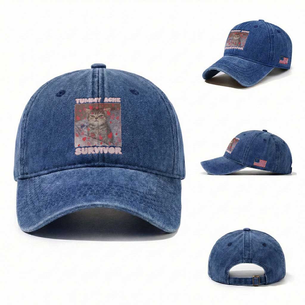 Tummy Ache Survivor Washed Cotton Baseball Cap Funny Cute Cat Meme TS14 Washed Cap Universal Fit Royal Blue Print Your Wear