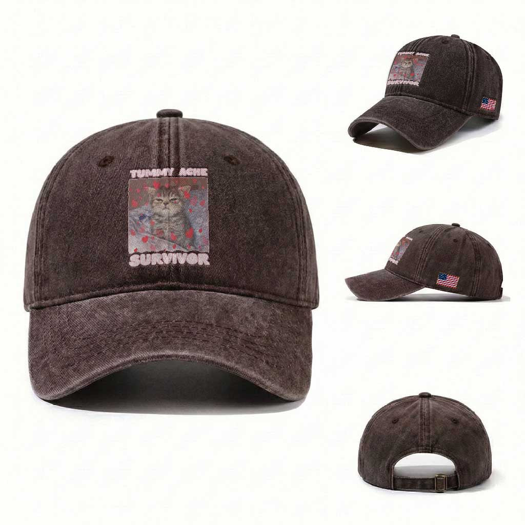Tummy Ache Survivor Washed Cotton Baseball Cap Funny Cute Cat Meme TS14 Washed Cap Universal Fit Dark Brown Print Your Wear
