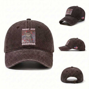 Tummy Ache Survivor Washed Cotton Baseball Cap Funny Cute Cat Meme TS14 Washed Cap Universal Fit Dark Brown Print Your Wear