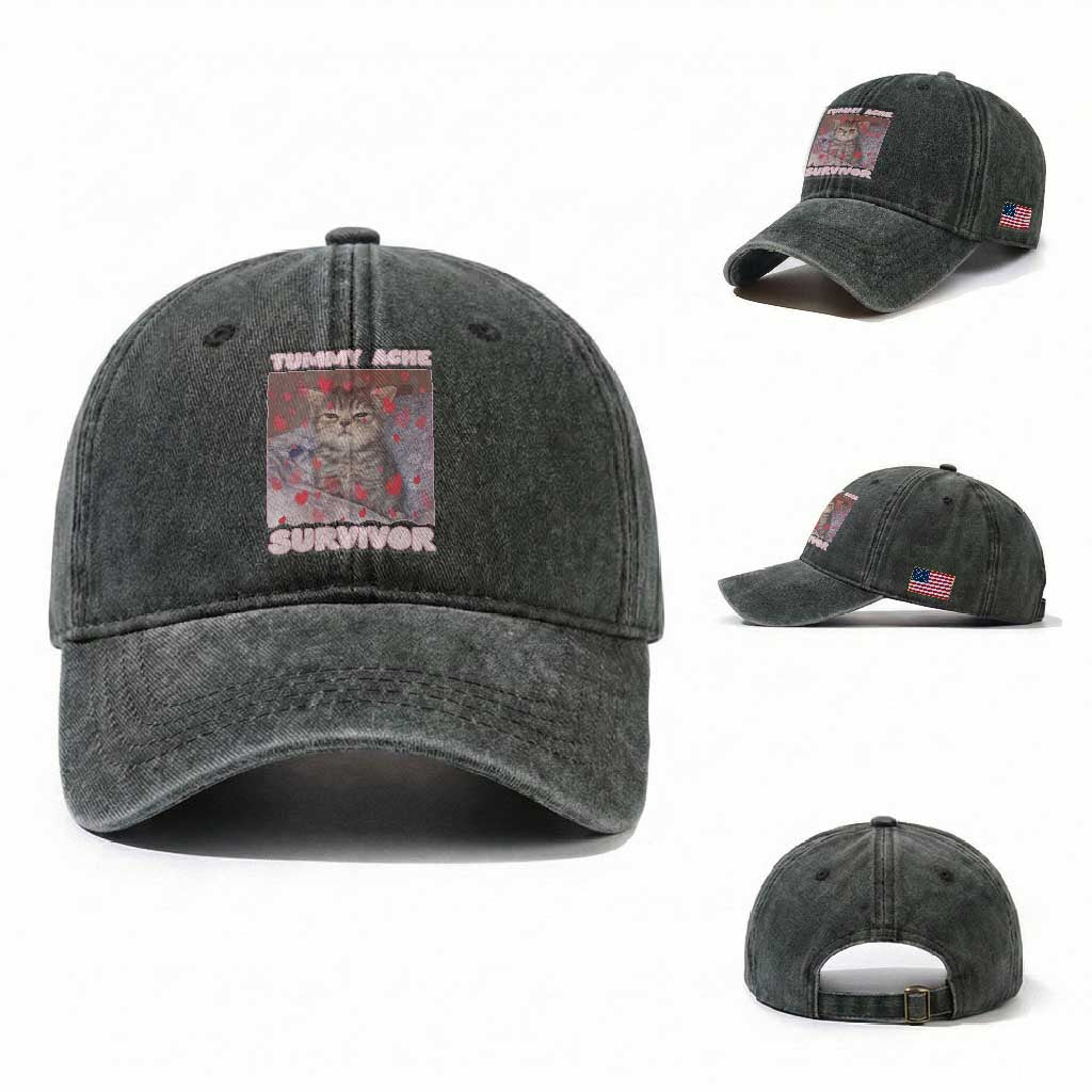 Tummy Ache Survivor Washed Cotton Baseball Cap Funny Cute Cat Meme TS14 Washed Cap Universal Fit Dark Green Print Your Wear